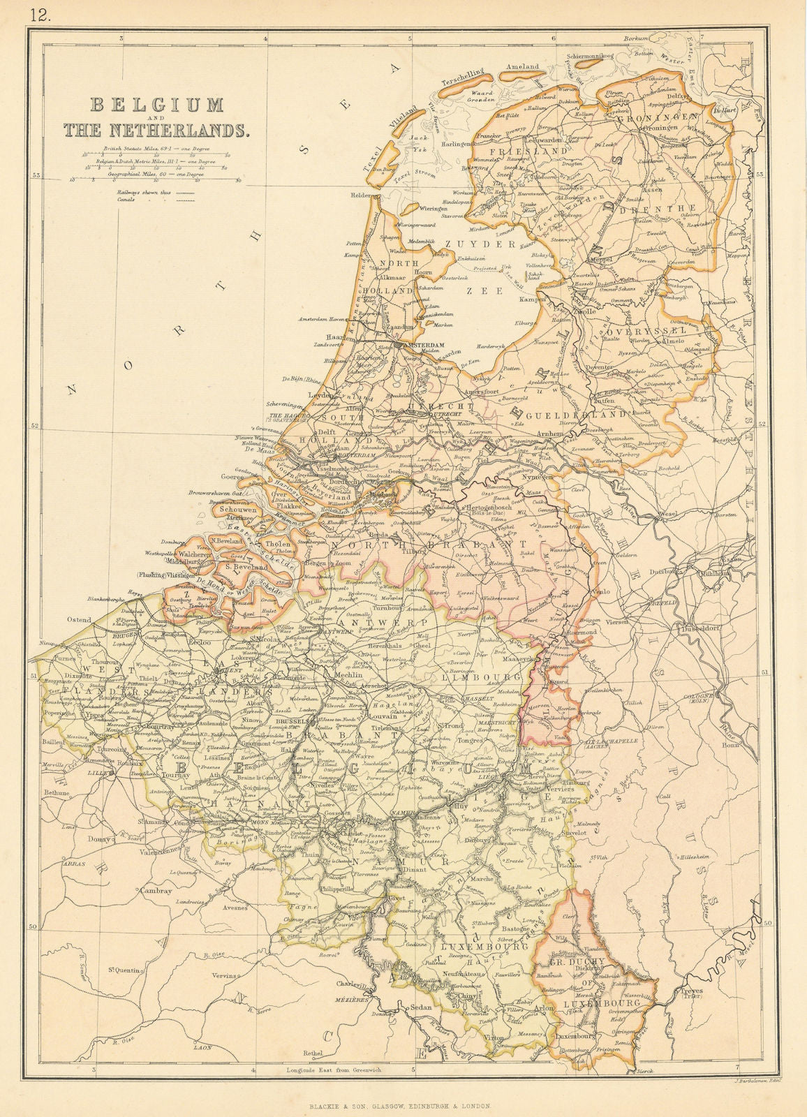 BELGIUM & NETHERLANDS. Railways. canals. Scale in Belgian/Dutch miles 1886 map